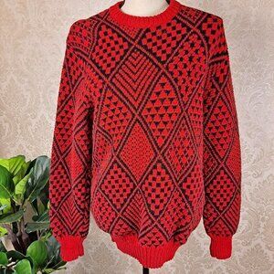 Kenneth Stevens Size Medium Red/Black Diamond Pattern Wool Sweater Round Neck